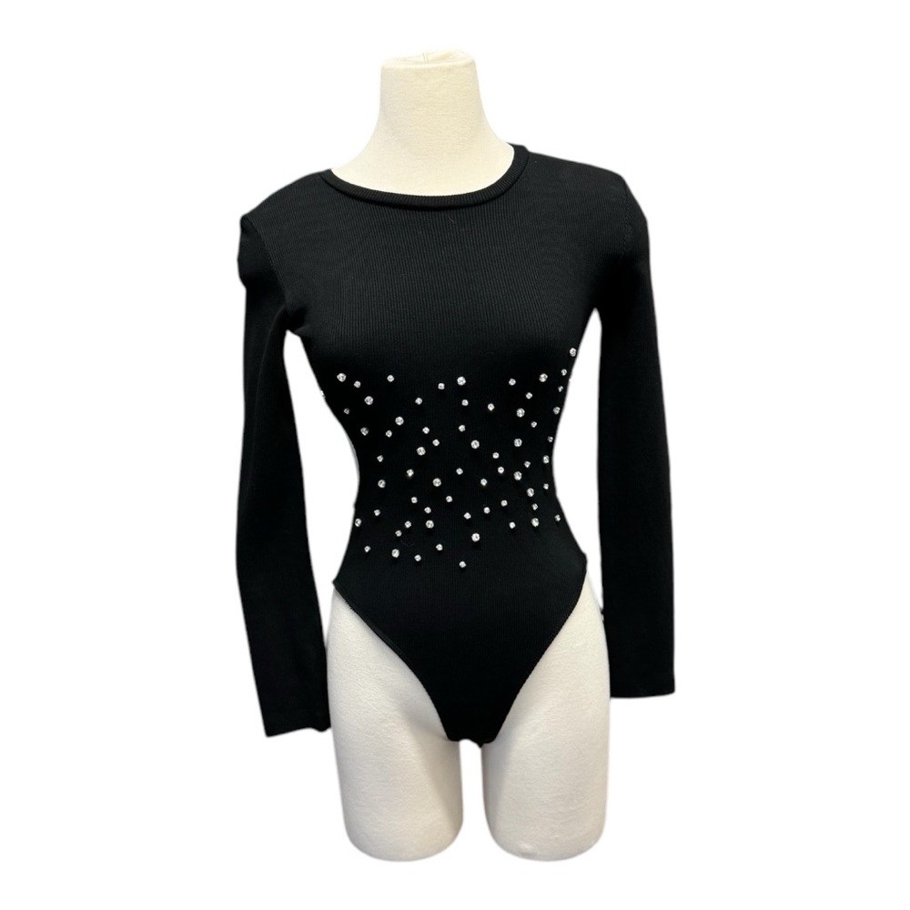 Black Long Sleeve Bodysuit with Rhinestones